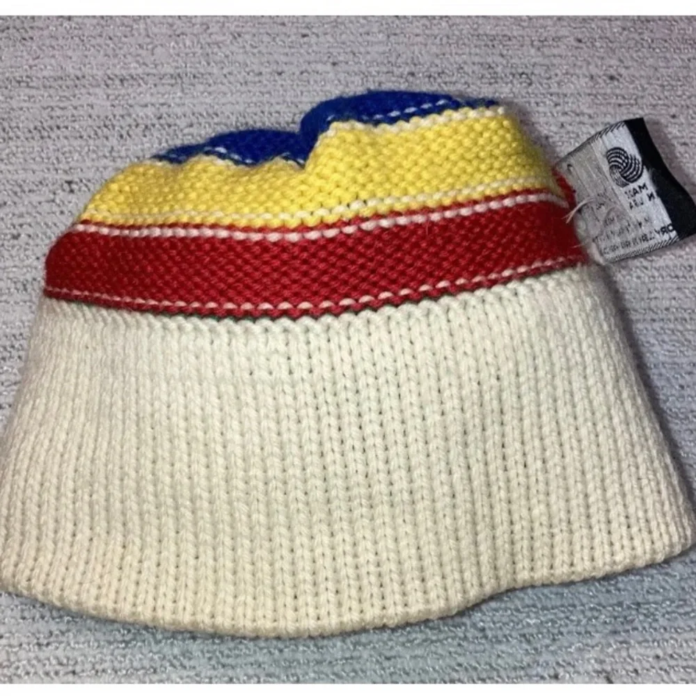 Vintage 70s Boy Rainbow Personalized David Wool Hat Primary Colors Ski Pom Pom